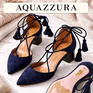 Aquazzura Firenze Suede Lace-Up Pumps Navy Tassel Heels Size 36